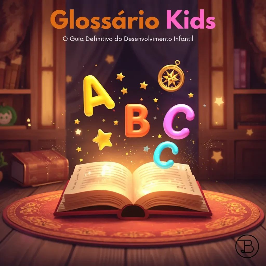 Ilustração lúdica de livro aberto com letras do alfabeto brilhando, representando o Glossário Biblioteca Encantada Kids sobre desenvolvimento infantil.