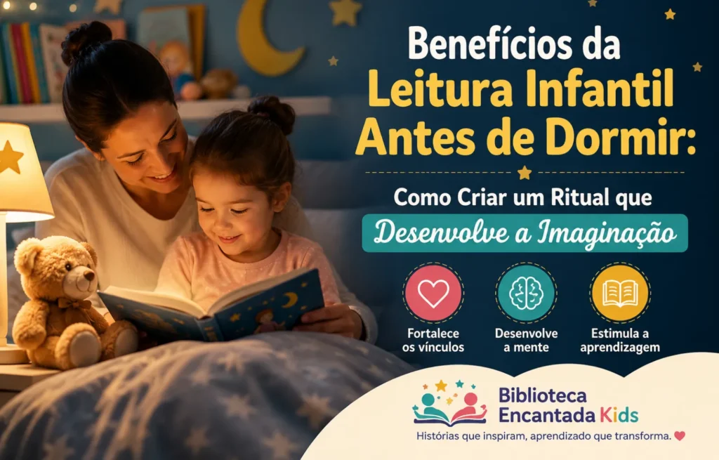 Mãe lendo um livro para a filha antes de dormir, incentivando a leitura infantil, a imaginação e o desenvolvimento da linguagem.