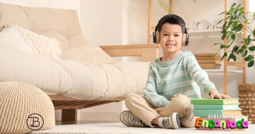 Criança ouvindo audiobook infantil durante momento de aprendizado