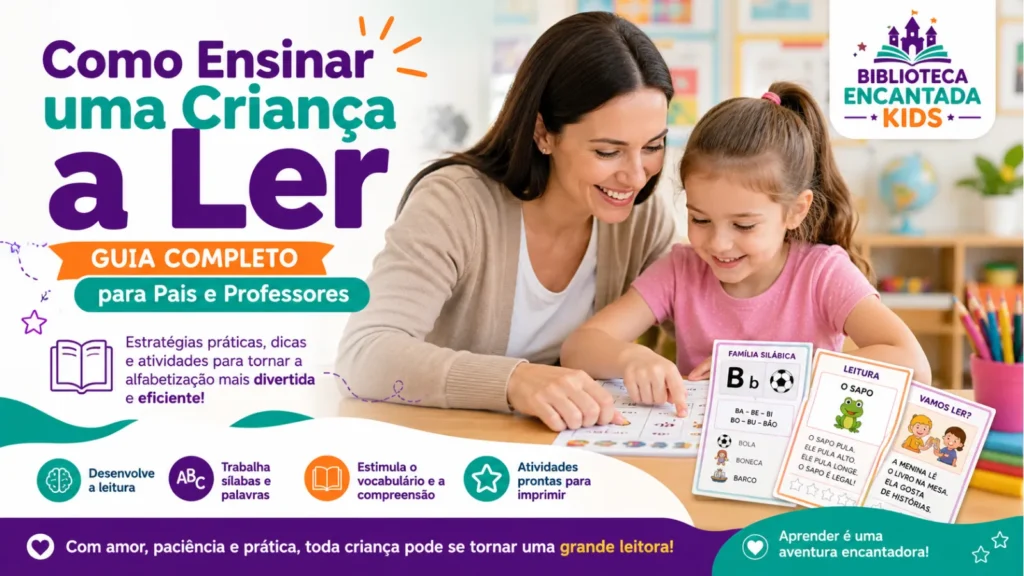 Professora ensinando uma criança a ler utilizando fichas de leitura interativas.