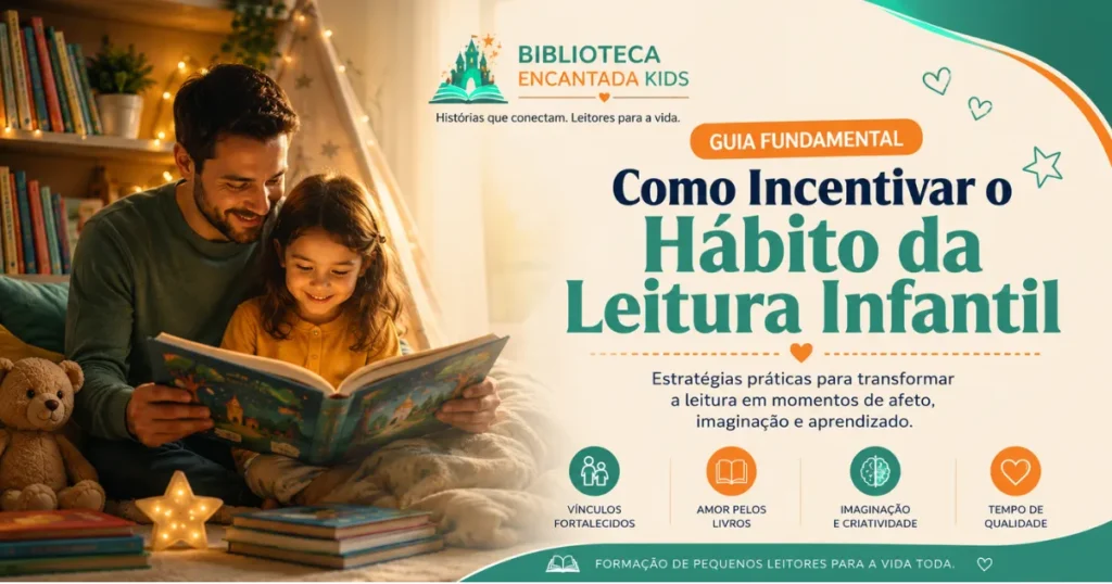 Capa oficial do Guia Fundamental da Biblioteca Encantada Kids mostrando um pai lendo um livro para uma criança em um ambiente acolhedor, representando o incentivo ao hábito da leitura infantil e ao tempo de qualidade em família.