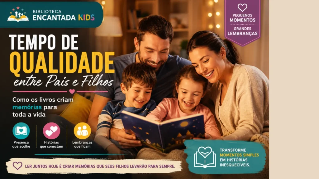 Pais e filhos lendo juntos durante um momento de leitura compartilhada. Capa do Guia Fundamental Tempo de Qualidade entre Pais e Filhos da Biblioteca Essencial da Biblioteca Encantada Kids.